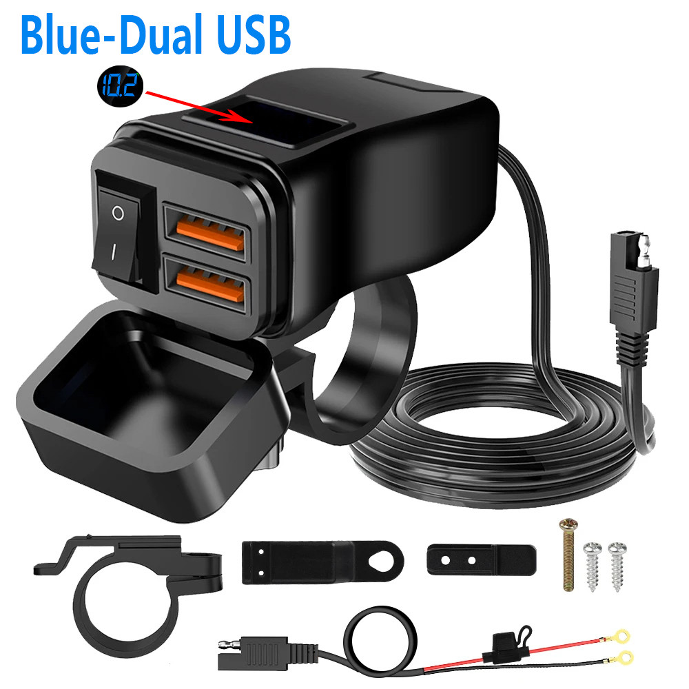 PD+QC3.0 Motorcycle USB Fast Charger 60W Handlebar Dual USB Socket with Switch Voltmeter Waterproof 12V Power Supply Adapter: WHITE