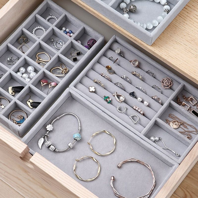 Plateau à bijoux empilable en velours doux, présentoir de bijoux, boîte de rangement Portable pour bagues, boucles d'oreilles, colliers, boîte de rangement, porte-bijoux