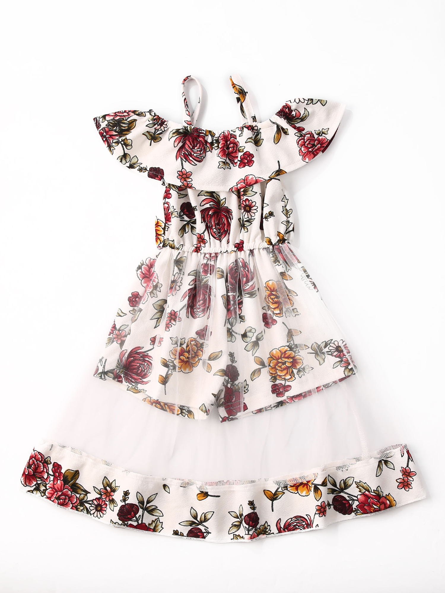 Peuter Kids Baby Meisjes Bloemen Ruffle Mesh Prinses Jurk Mouwloze Off Shoulder Jumpsuit Met Gaas Sheer Zomer Kleding 0-4Y