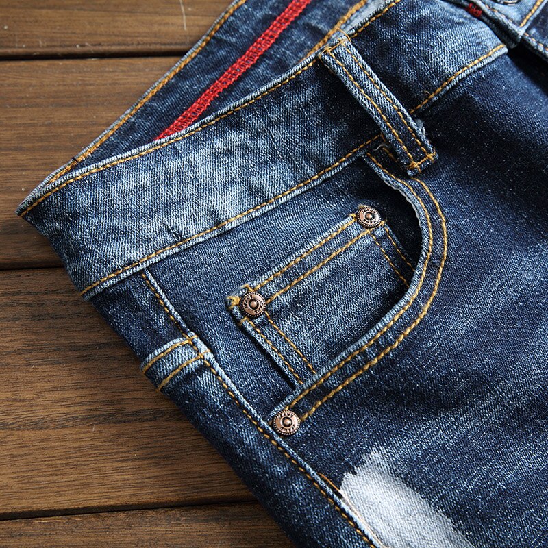 Pantalones vaqueros rasgados para hombre, Jeans rasgados azules a la , con grafiti de tinta contra salpicaduras, ajuste Regular, elásticos, de ,