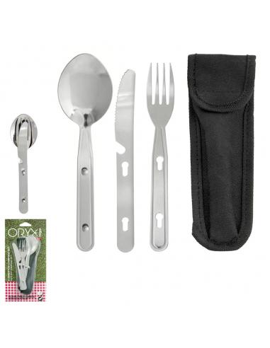 ORYX Cubiertos Camping Acero Inoxidable 3 Piezas Con Funda Nylon