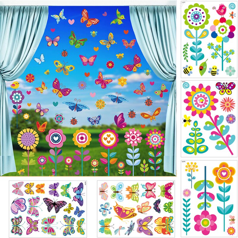 Pegatinas electrostáticas para ventana, 9 piezas, pequeñas flores, mariposa, primavera de bienvenida, espejo de puerta de cristal, pegatinas de decoración de flores