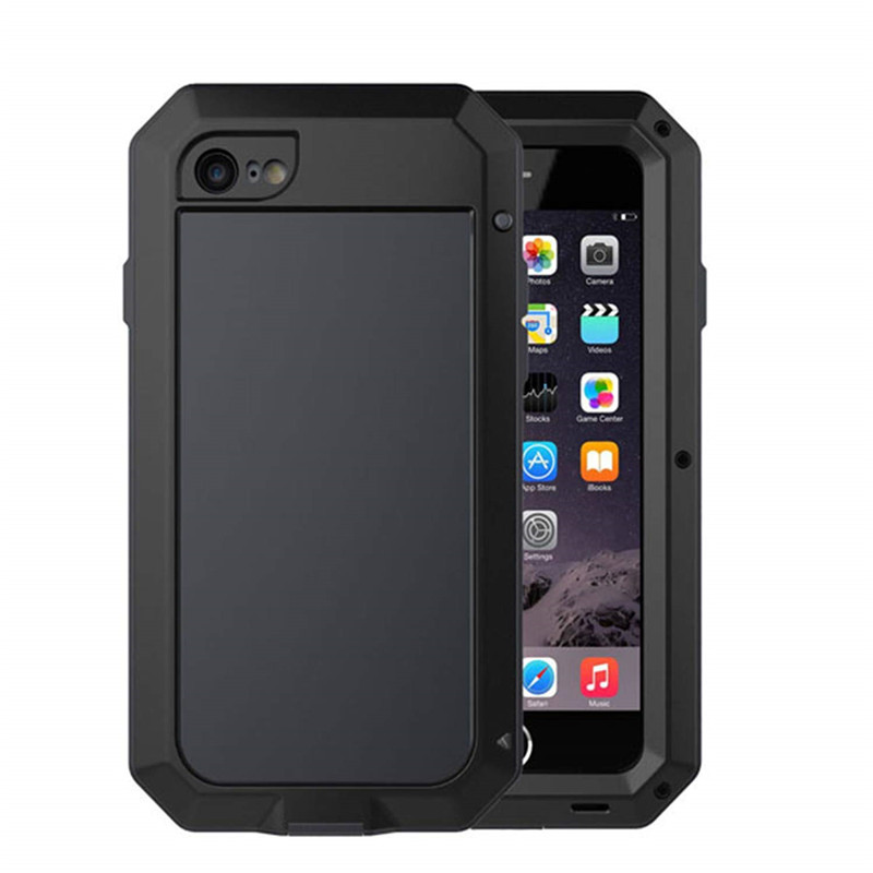 Lyxigt stötsäkert doom armor vattentätt metallfodral till iphone x xr xs max 8 7 6 6s plus 5 5s se 5c skal med skärm och glasfilm: Pu / Svart