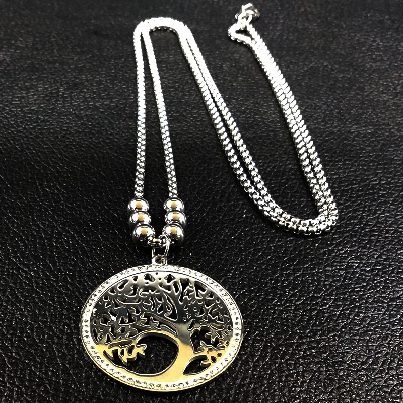 Lange halsketten mit lebensbaum-anhängern aus edelstahl und kristallschmuck in silberfarbe, damenschmuck ,  n18er 02