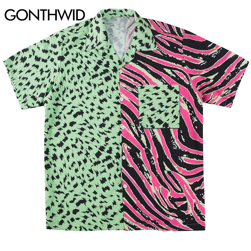 Gonthwide zebra striber leopard prikker print farve blok patchwork lomme korte ærmer hawaiian skjorter sommer casual knap toppe