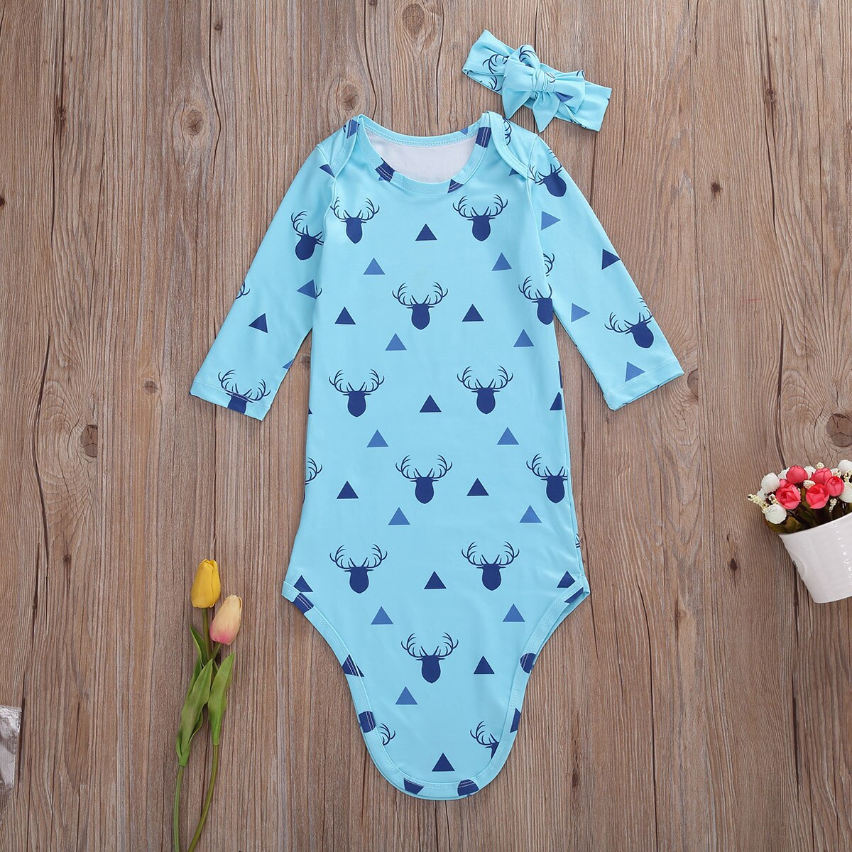 Emmababy Herfst Baby Baby Meisjes Nachtkleding 2 Stuks Set Blauw Lange Mouw Elanden Driehoek Print Top + Hoofdband Pasgeboren 0-6M