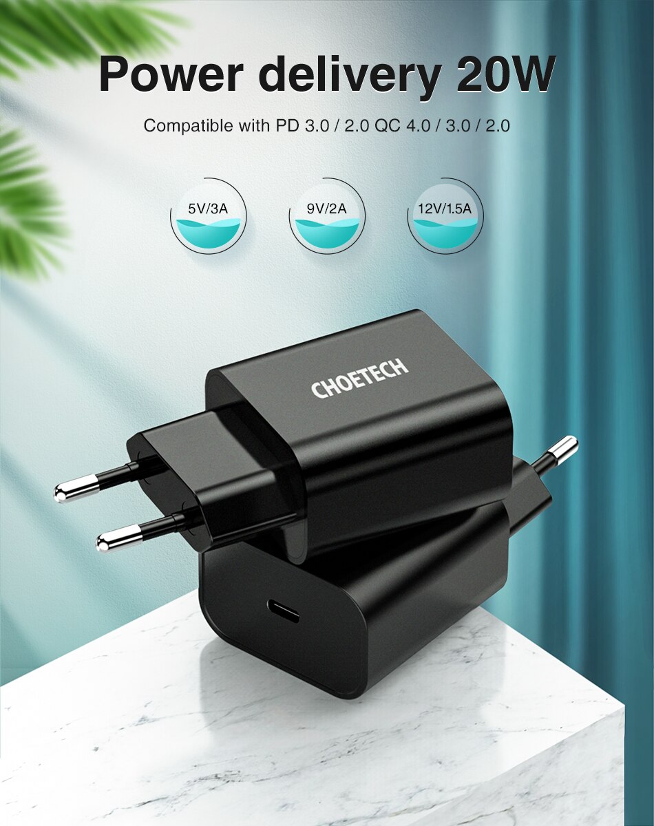 CHOETECH Quick Charge 3.0 20W USB-C Power Adapter Fast PD Charger For iPhone 11 12 Xs X 8 PD 3.0 USB Type C Charger Wall Charger