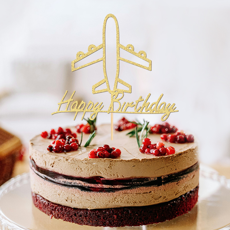 YOMDID Golden Airplane Cake Topper Glitter Cake Topper Paper Cake Decor Sparkly Party Cake Decoration for Birthday Celebrations