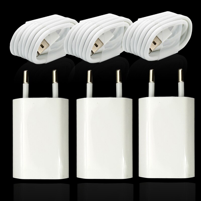 3 set/lotto caricatore del USB di ca della parete della spina di ue per il cavo di carico di iPhone 8 Pin USB + adattatore del caricatore di viaggio per Apple iPhone 5 5s 6 6S 7: Default Title