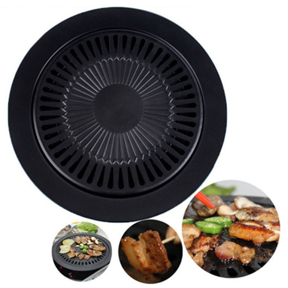 1pc Barbecue plate Round Iron Korean BBQ Grill Plate No burnt fat Outdoor picnic Barbecue Non-stick Pan Set with Holder Set