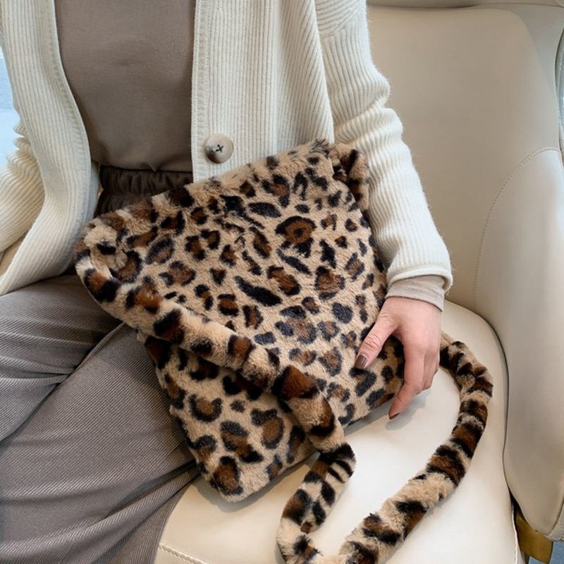 Leopard Pluche Schoudertassen Voor Vrouwen Herfst En Winter Mode Dames Vintage Handtassen Vrouwen Grote Capaciteit Messenger Bag