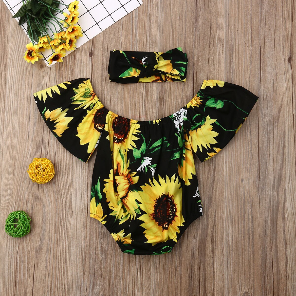 0-24 M Säuglings freundlicher Baby Mädchen Bodys Kurzarm Sonnenblume Drucken Overall Stirnband Outfits Kleidung setzt