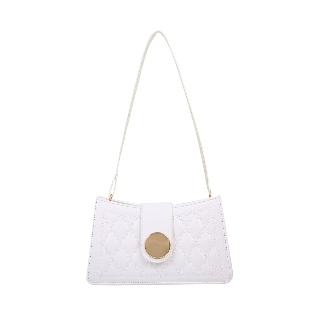 treillis modèle sac à main en cuir PU Portable femmes couleur unie sous les bras sacs à bandoulière femme décontracté rue voyage fourre-tout: WHITE