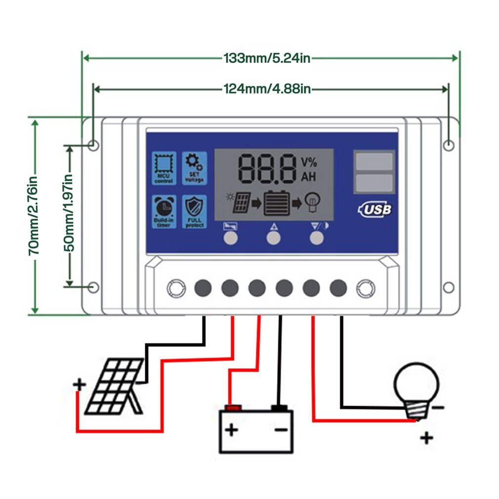 Solar Charge Controller 12V 24V Dual USB Solar Panel Battery Controller Charger Regulator Adjustable Charging Parameters 10A