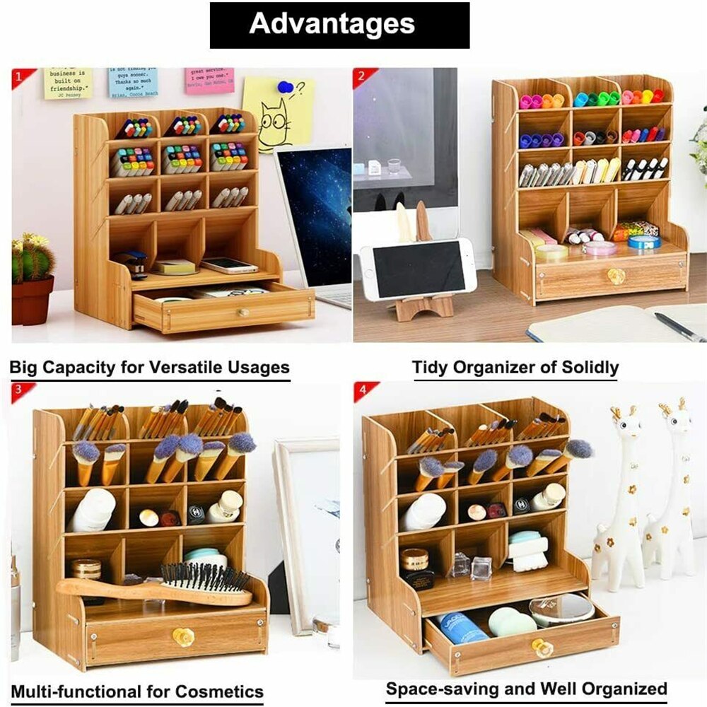 Multi-Functional DIY Wooden Desk Organizer Office School Pen Pencil Holder Container Stationary Desktop Storage Box with Drawer