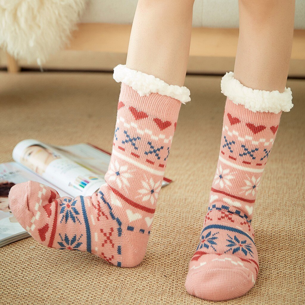 Meias femininas de lã meias de natal mais grossas anti-deslizamento tapete meias elk árvore de natal socks socks socks socks socks meias de natal: Rosa