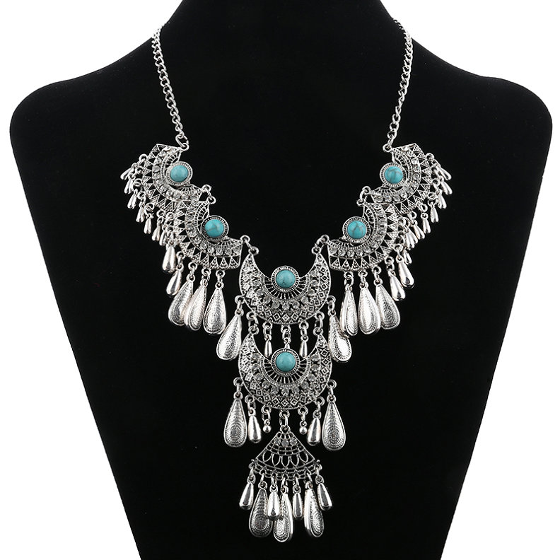 Collares llamativos étnicos exagerados Vintage para mujer, collares con borlas de gota de agua talladas de Color plata antigua, joyería Bohemia: Color amarillo dorado claro