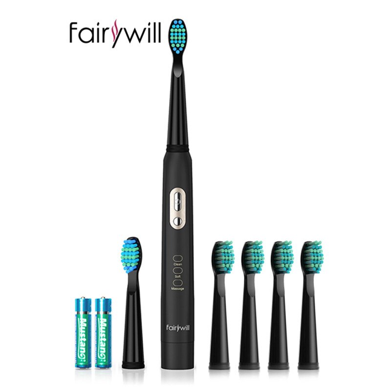 Fairywill-cepillo de dientes eléctrico sónico para adultos, cepillo de dientes blanqueador con temporizador inteligente, resistente al agua IPX7, 2 cabezales reemplazables, batería AAA: AE-FW-2011.FW02