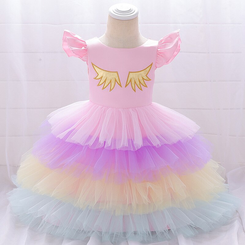 Korean version of small girls and young children baby birthday multilayer pompon cake dress princess fantasy dance dress: pink / 90