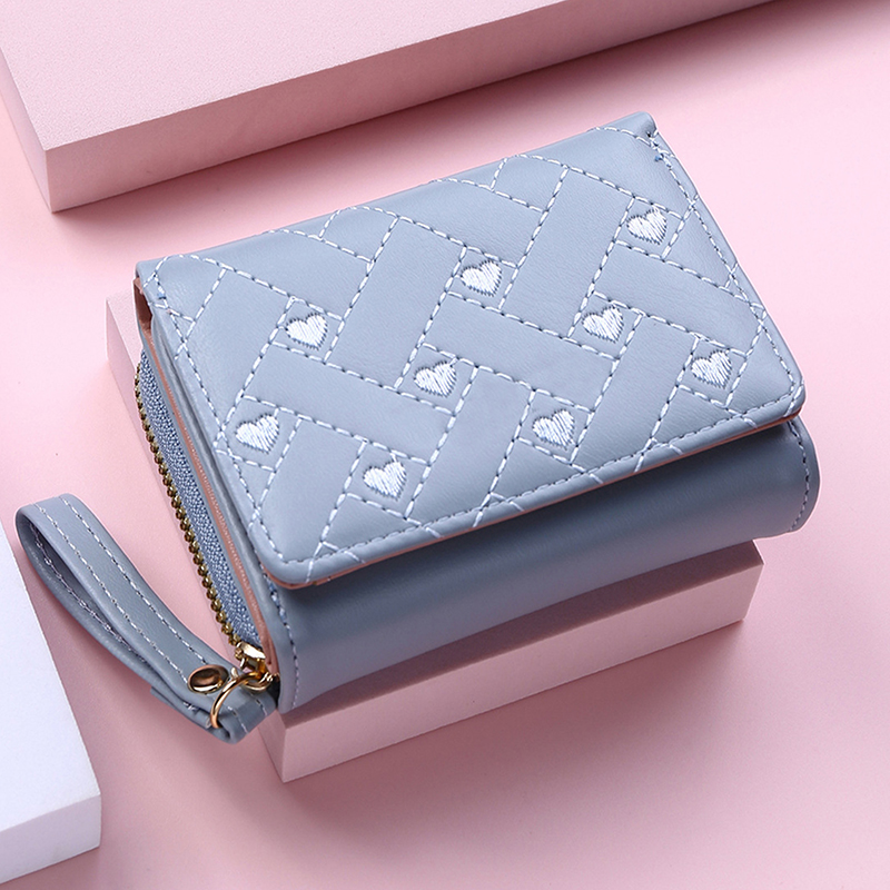 Portefeuilles Voor Vrouwen Mode Pu Lederen Geborduurde Liefde Tri-Fold Kleine Portemonnee Kawaii Schattige Kaarthouder Multi-Card Slot Muntportemonnees