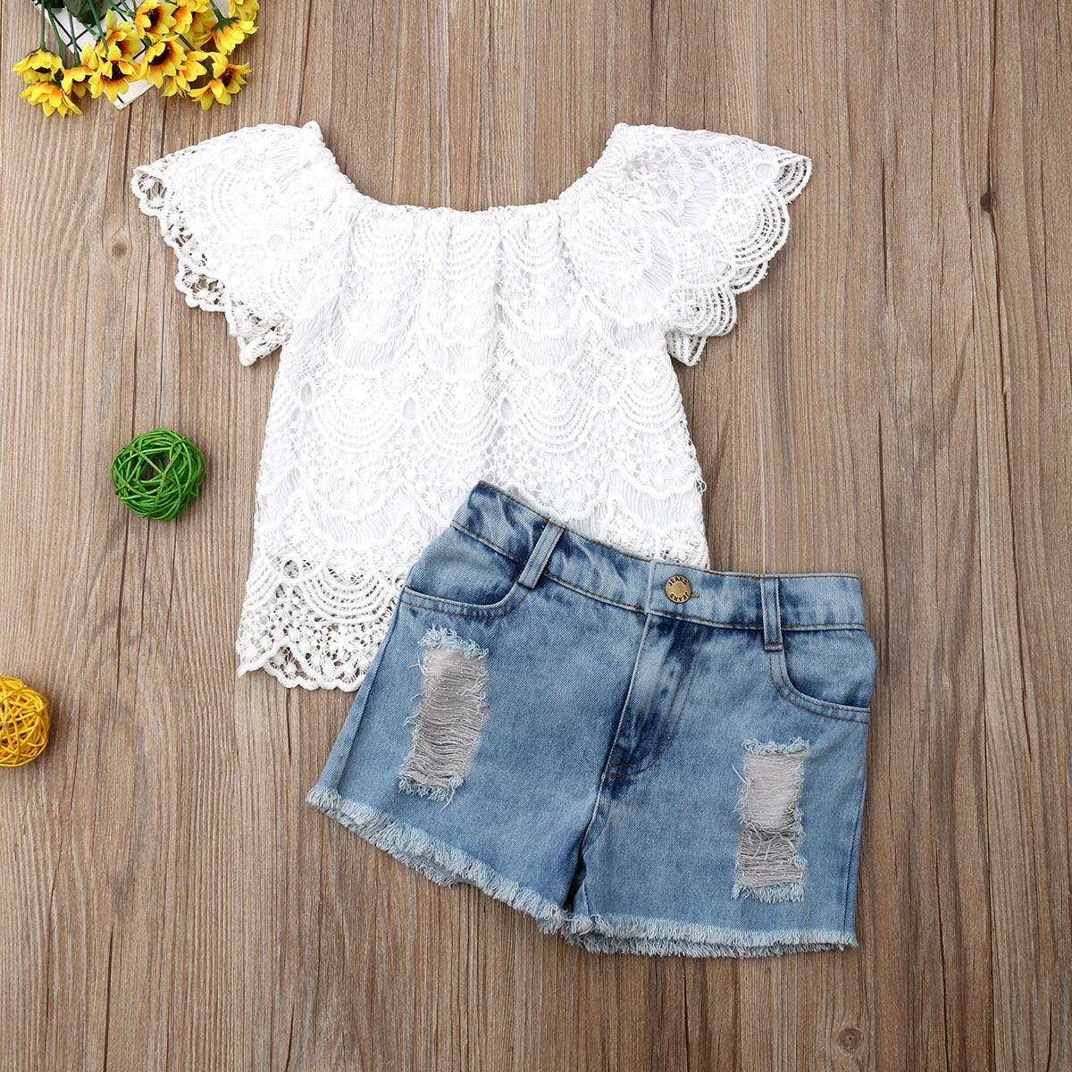 Peuter kinderkleding babymeisje zomer kant bloemen top denim korte broek outfit set 2 stuks zonnepak