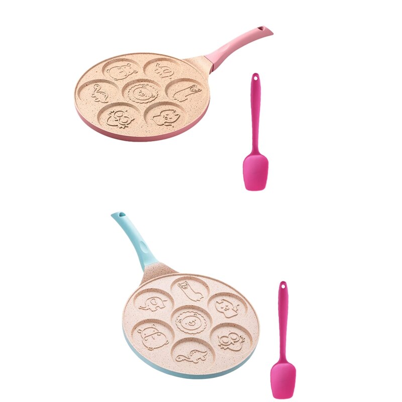 7 Holes Pancake Mold Non-Stick Griddle Maker Animal Face Pancake Steak Cooking Egg Ham Pans with Silicone Spatula: Blue