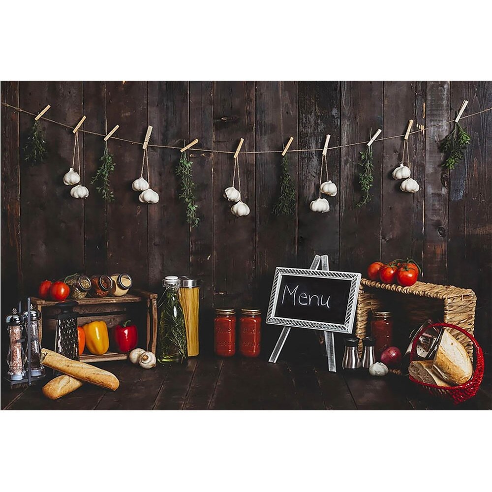 Menu kitchen Newborn Little Chef Birthday Portrait Backdrop Photo Studio Cook Birthday Cake Smash Background Wooden Bread Tomato