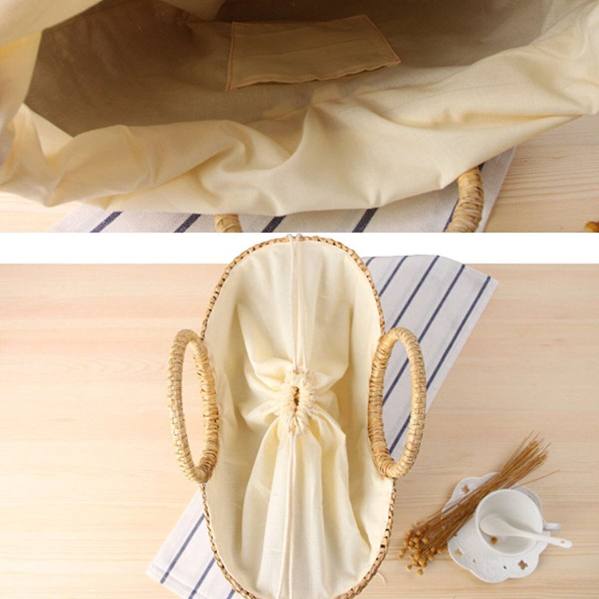 Dcos-Womens Vintage Stro Geweven Handtassen Casual Strand Grote Tassen Met Ronde Handgreep Ring(Hairball)