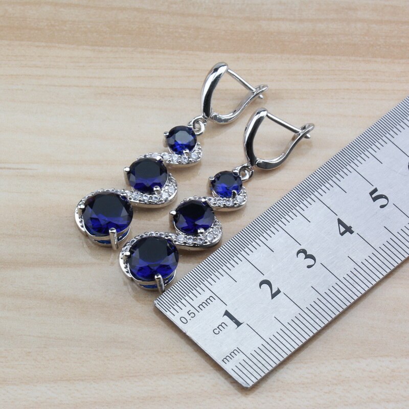 Exclusieve blauwe natuurstenen cz sieraden sets lange oorbellen/ketting/armband en ringen sets voor dames trendy kostuum