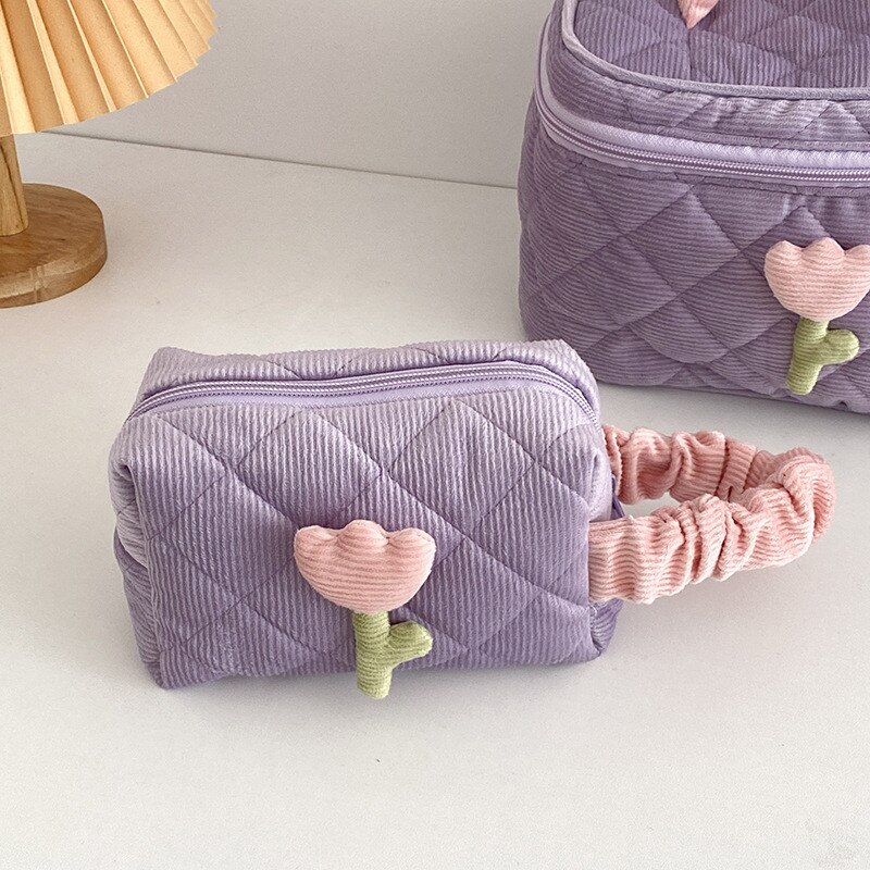 PURDORED 1 Pc borsa per trucco fiore tinta unita cerniera grande borsa cosmetica in velluto a coste morbido viaggio femminile trucco organizzatore Beauty Case: purple-S