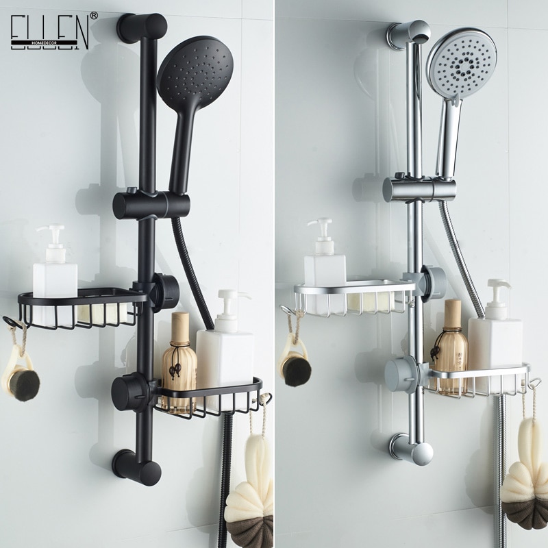 Ellen bad bruser skydestang holder med sæbekurv shampoo holder sort skydestang med håndbruser elm 294