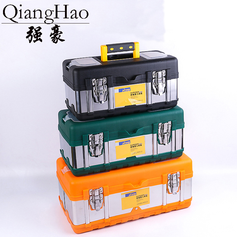 Qianghao internationalt mærke plastik stor rustfrit stål værktøjskasse husholdningsvedligeholdelse elektriker værktøjskasse