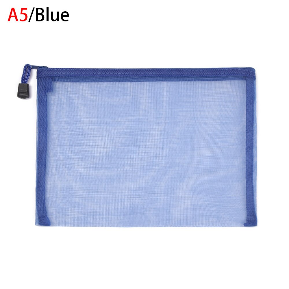 Simple Transparent Zipper Pocket Pencil Case Nylon Mesh Document File Bag Storage Pouch School Office Supplies: A5-blue