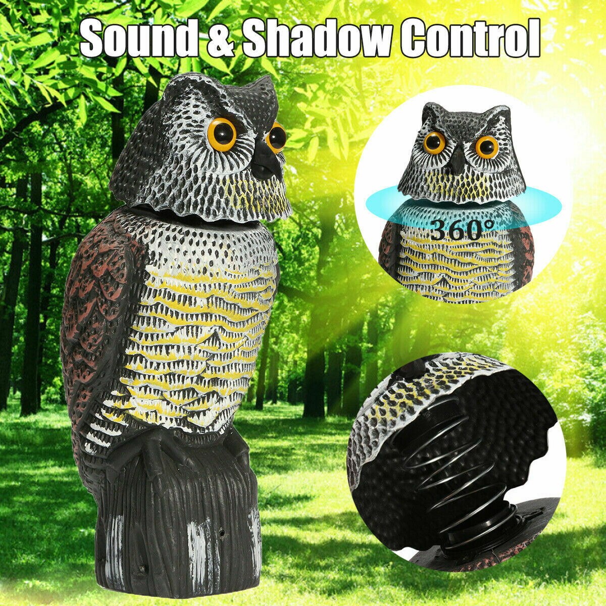 BY Realistic Bird Scarer Rotating Head Sound Owl Prowler Decoy Protection Repellent Pest Control Scarecrow Garden