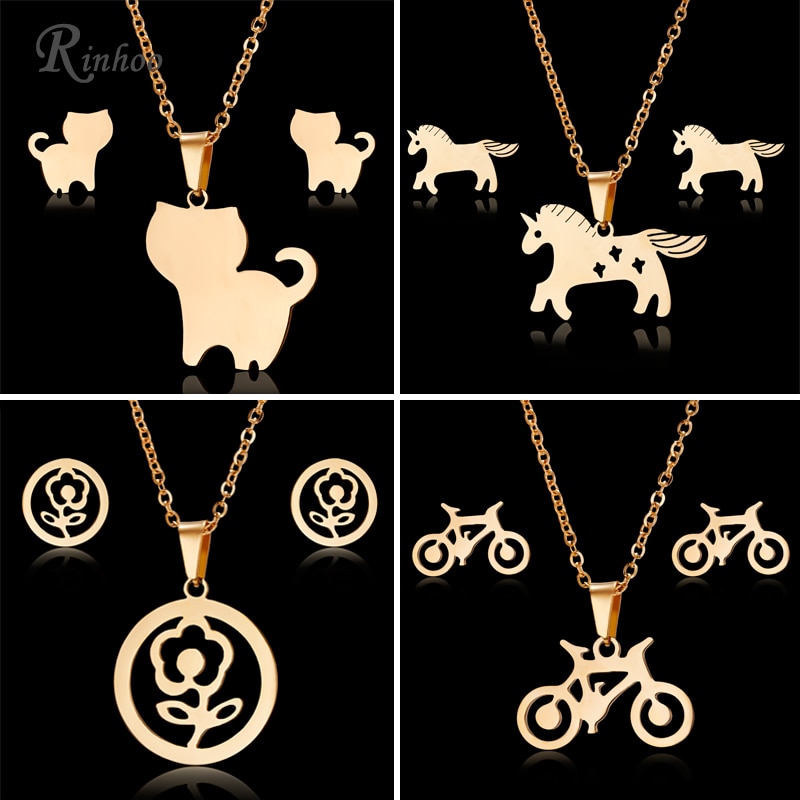 RINHOO – ensemble de bijoux en acier inoxydable pour femme, collier et boucles d'oreilles, motif chat, cheval, fleur Rose, or, à la