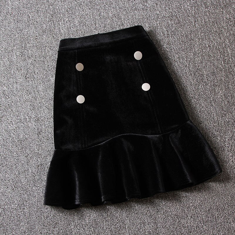 LY VAREY LIN – Mini jupe en velours pour femme, automne hiver, boutons élégants, volants, Slim décontracté, taille haute, ligne a, noire: XL