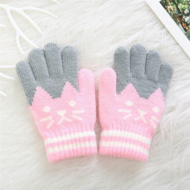 PUDCOCO Cute Kids Gloves & Mittens Knitted Winter Warm Full Finger Gloves For Girls Boys: Pink