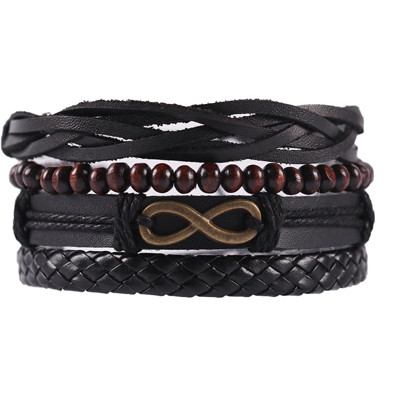 KaiMin 4pcs/ set Adjustable Leather Bracelets for Men Braided PU Black Brown Bangle Life Tree Leaf Rudder Charm Bracelet: JW8034-4