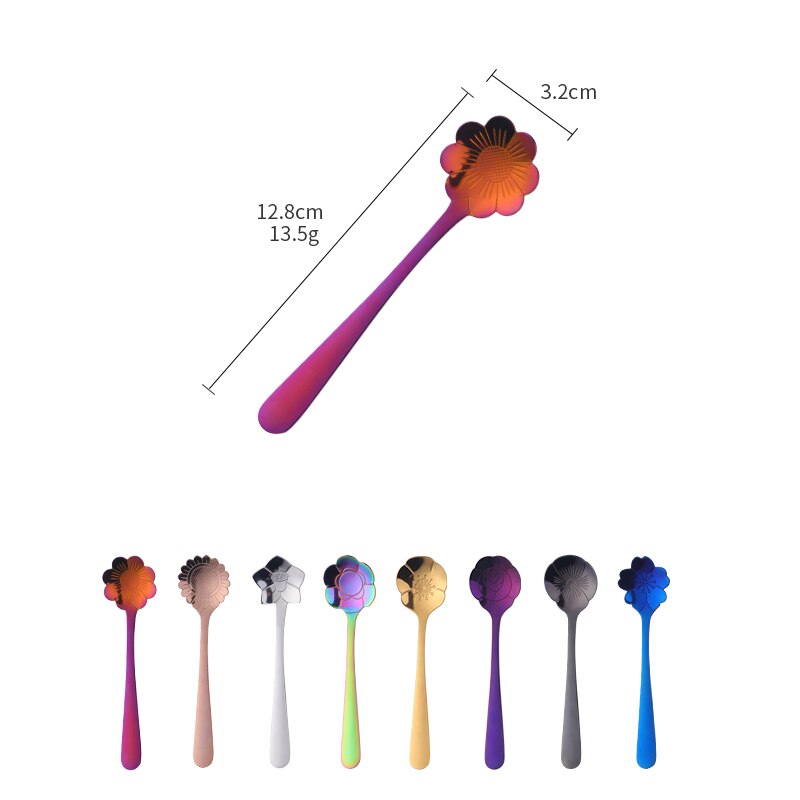 Cuillère à mélanger dorée en acier inoxydable, 2 pièces, de fleurs, petite cuillère à café, thé, sucre fantaisie Dessert cuillère à café Bar café vaisselle