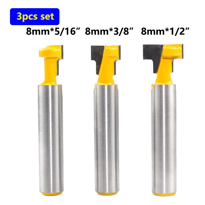 1pc 8mm skaft t-slot fræser bits sæt nøgle hul bits hex bolt t slids fræser til træ træbearbejdningsværktøj: 3 stk sæt