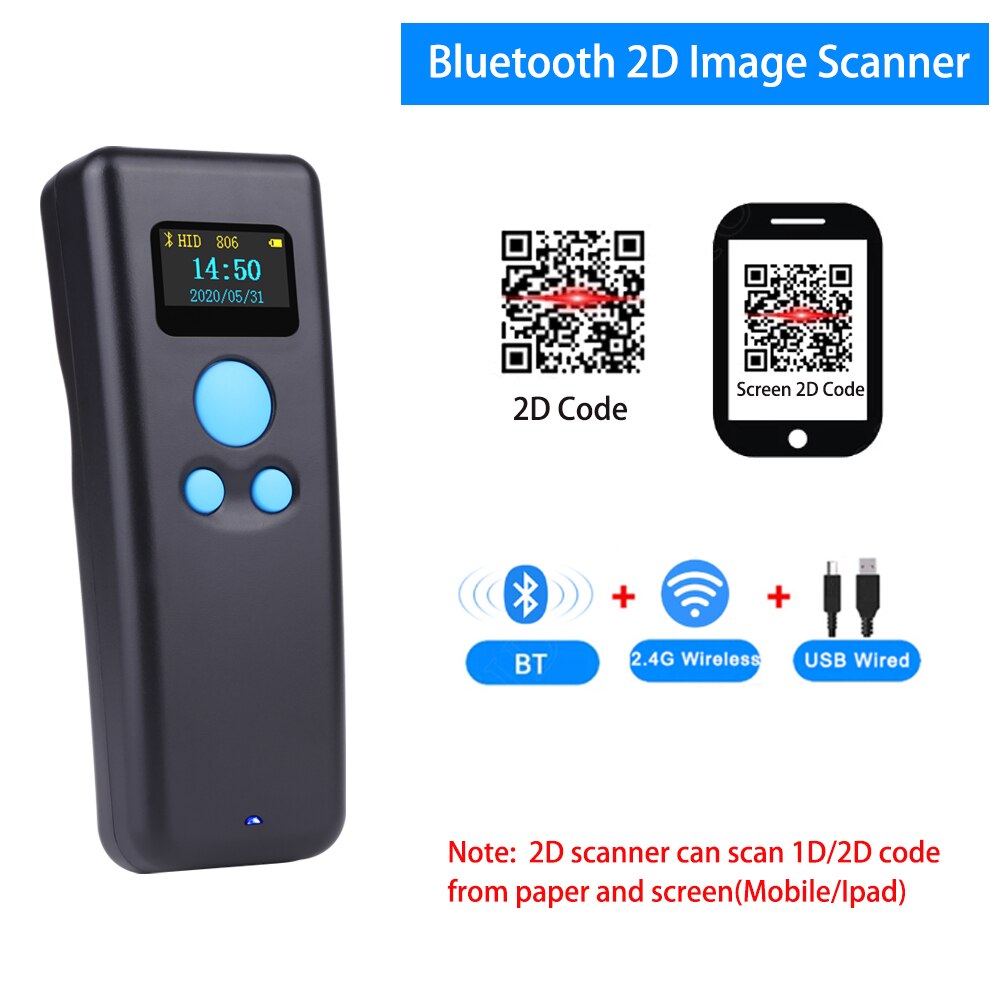 Portable 1D 2D Barcode Scanner Handheld Mini Bluetooth Scanner 2.4G Wireless with Display for Expressman Mobile Phone QR PDF417: R5D Bluetooth 2D