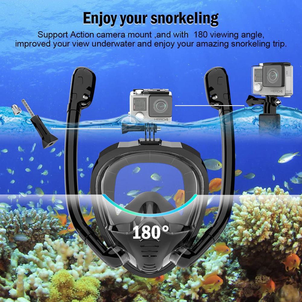 Máscara de snorkel de cara completa 180 ° Gafas de natación para buceo con vista panorámica, tapa seca de silicona, con 2 snorkel, antivaho y antifugas