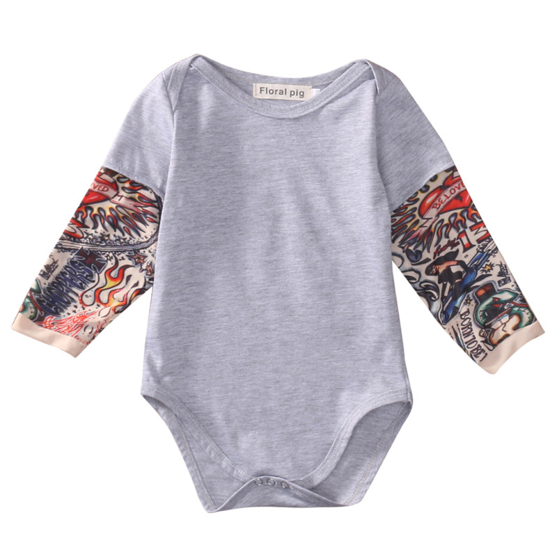 Autumn cotton Newborn Baby Boy Black Gray Bodysuit Clothes Tattoos Print Long Sleeve Bodysuit Jumpsuit Outfits: Gray / 9M