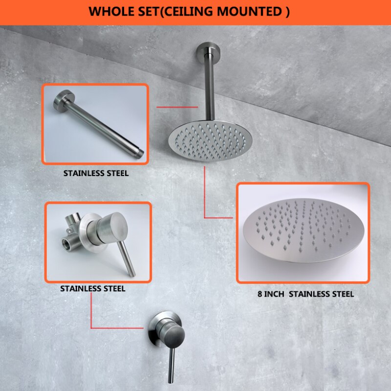 and Cold Head Top Shower Set 304 Stainless Steel 1 Function Solid Valve 8 Inch 200mm Shower Wall Mounted Ceiling Bathroom
