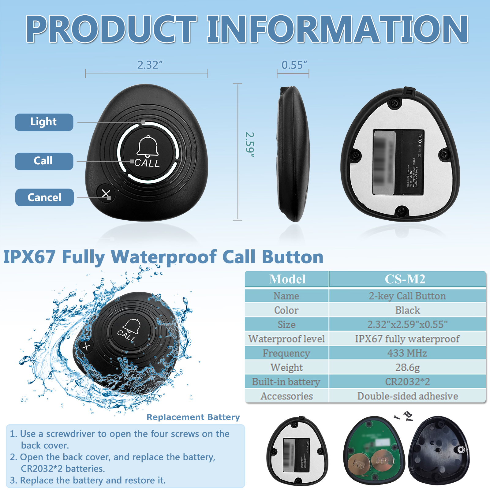 Wireless Restaurant Guest Pager System Waterproof Watch Receiver + Call Button Customer Service for Clinic Cafe Barber Shop Gym