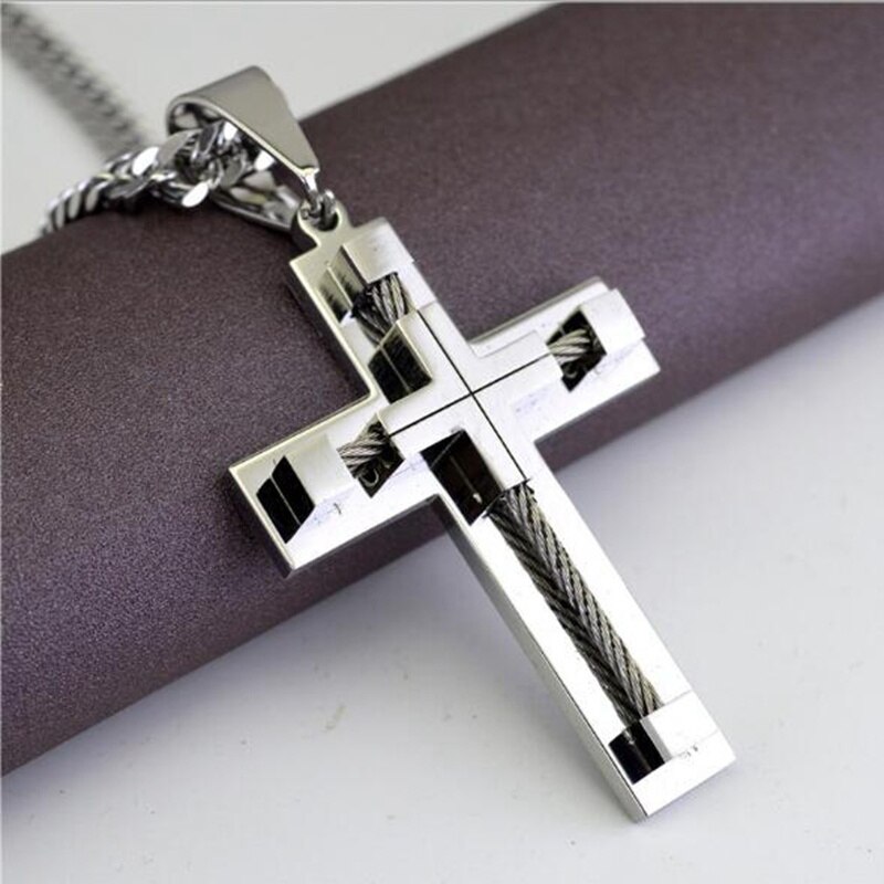 Punk Male Cross Jesus Pendant Stainless Steel Cable Wire Jesus Rope Cross Pendant Necklace Jewelry for Men