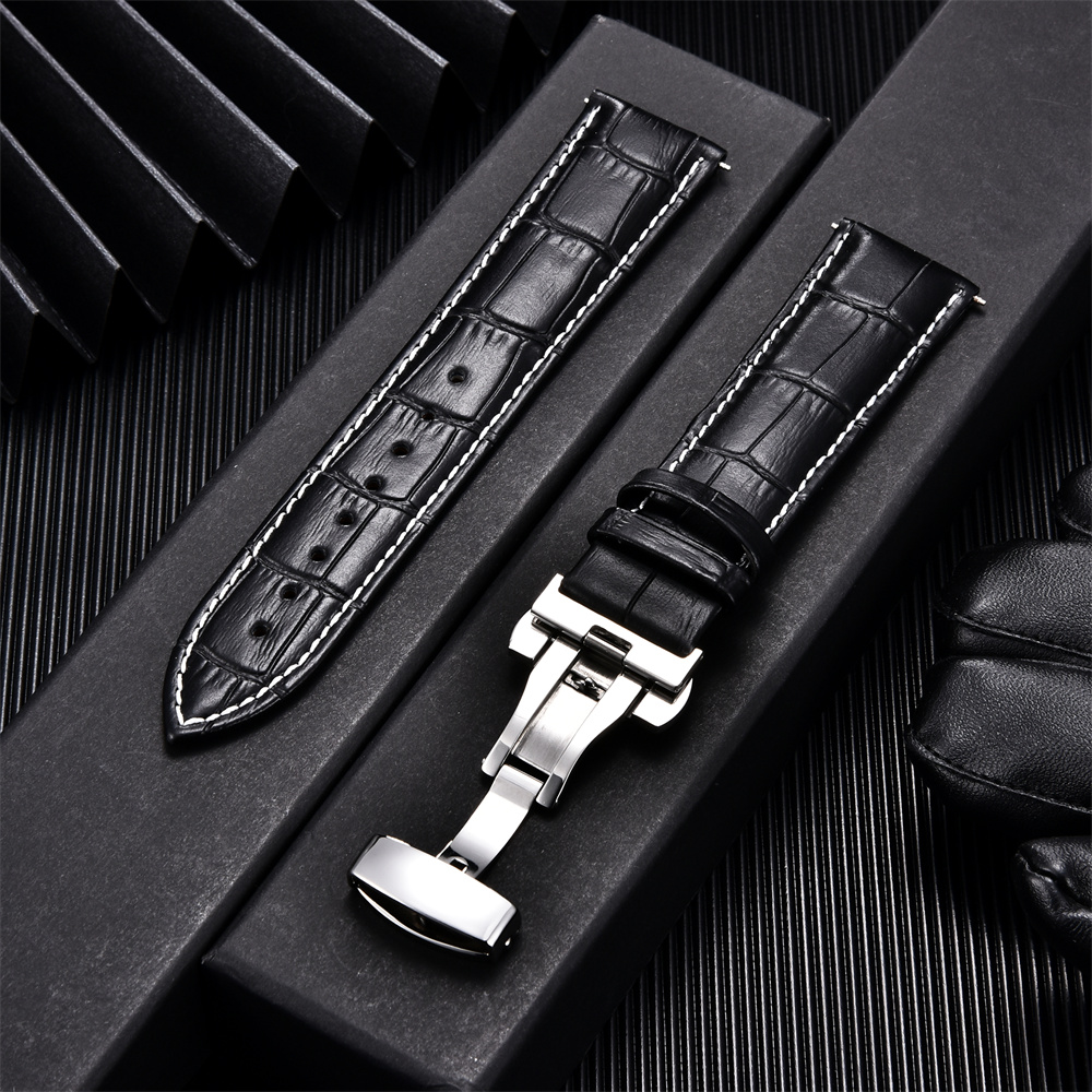 Pulseiras de couro de bezerro genuíno negócios substituir pulseira de relógio 18mm 20mm 22mm 24mm com fivela borboleta pulseira de relógio de pulso