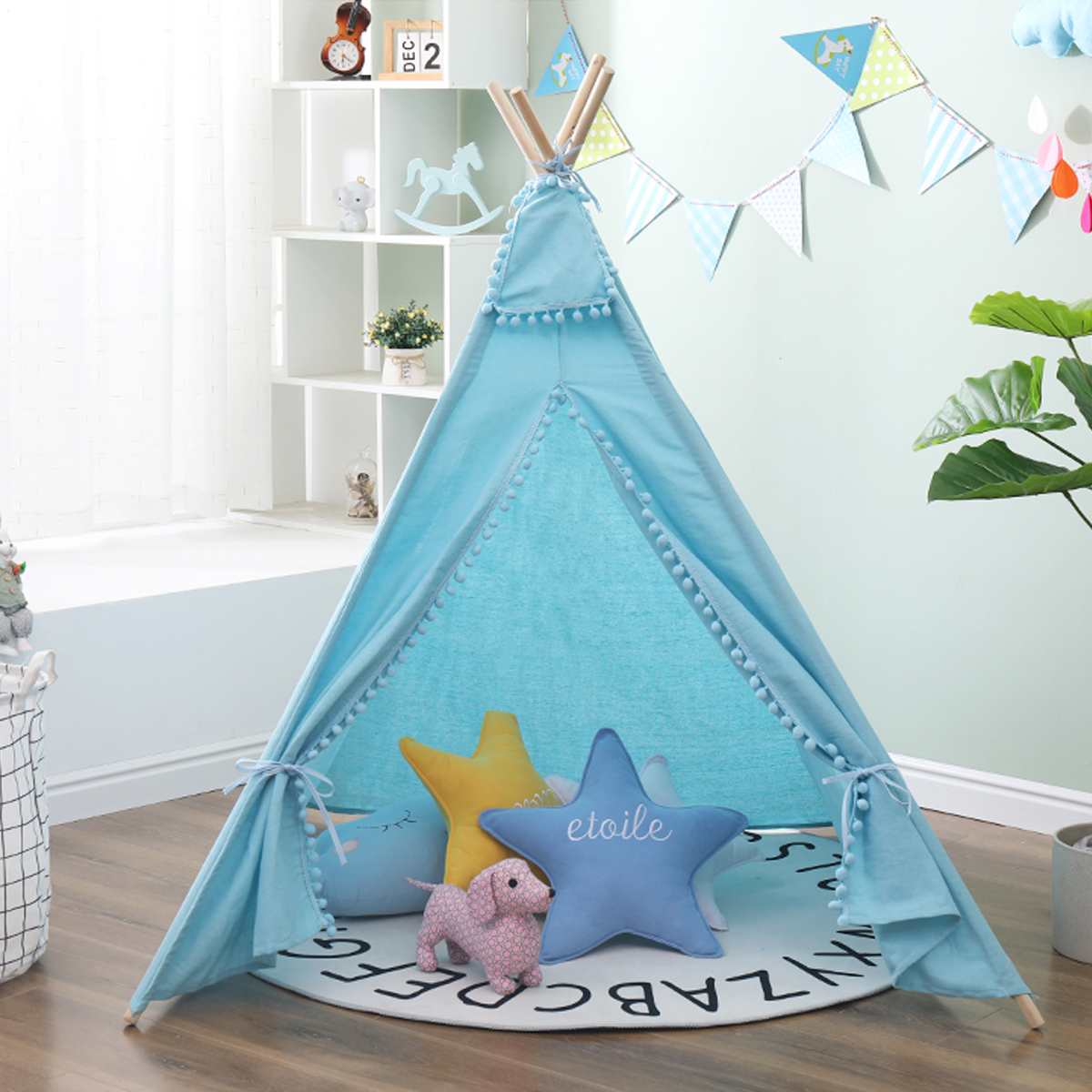 1.3M-1.6M Baby Tents Teepee Triangle Tent Kids Playhouse Cotton Canvas Pretend Play Tent Decoration Game House Boy Girls: Blue / 1.3M