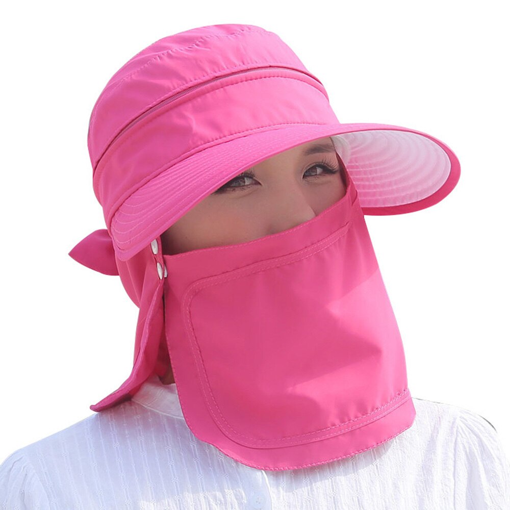 Hopfällbar solhatt för kvinnor uv-skydd bred brättad solhatt ansikte nackskydd sommarhatt dubbel användning: Rosa