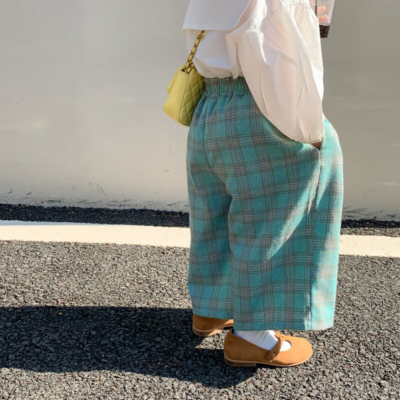 Pantalones de pierna ancha holgados a cuadros para niña, informal Pantalón recto de algodón, a la , de 1 a 7 años, novedad de primavera
